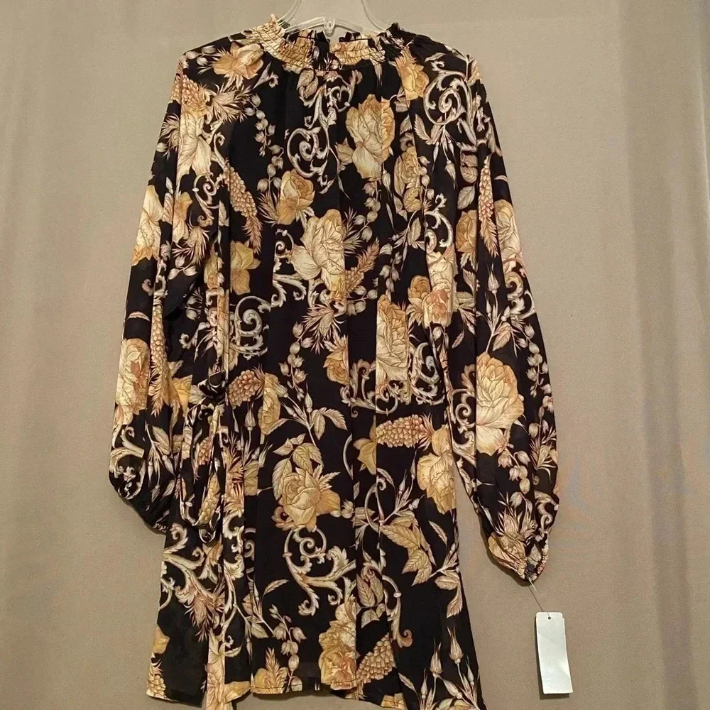 Flying Tomato Paisley Black and Gold Smock Neck Dress Size S